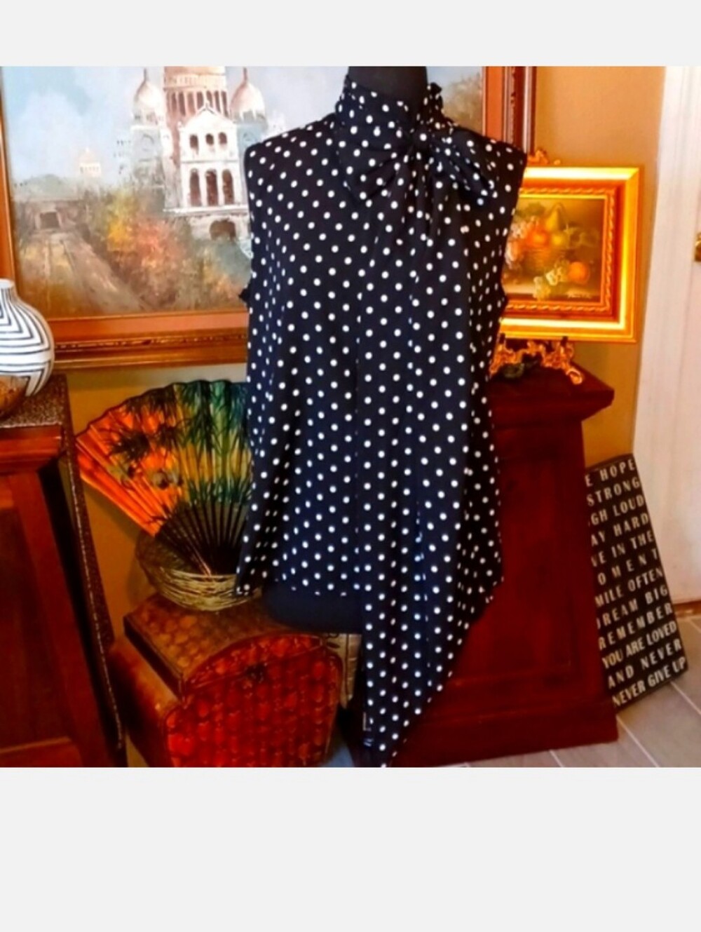 Black/White Polka Dot Tie-Neck Top
